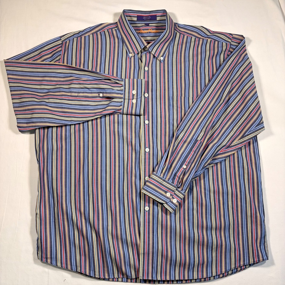 Alan Flusser Mens XL Button Down Shirt Vibrant stripe 100% Cotton Long Sleeve